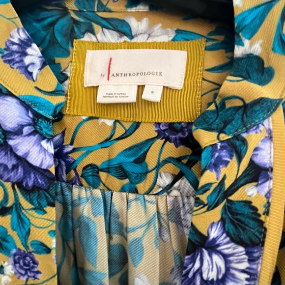 By Anthropologie Midi Shirt Dress in Yellow Gold and Blue Floral- Size Small - Picture 8 of 9